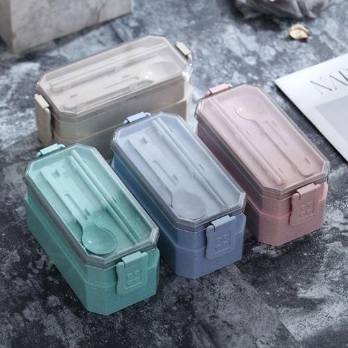 Doublelayer Lunch Box Plastic Microwaveable Student Lunch Box Cutlery SetBlue