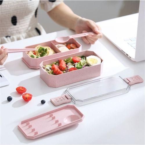 Doublelayer Lunch Box Plastic Microwaveable Student Lunch Box Cutlery SetBlue