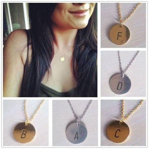 Letter Alphabet Round Pendant Chain Necklace Unisex Silver Ancient Silver C