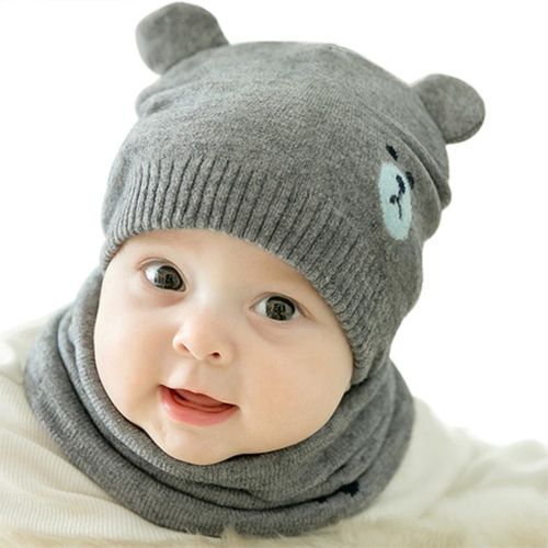 Baby Winter Caps Scarf Suits Warm Knitted Beanie Cap Cute Cartoon Bear Beanie New,Grey NO5124