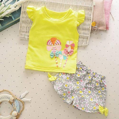 Girls Windmill Flying Sleeve  Short Cotton Suit  Yellow