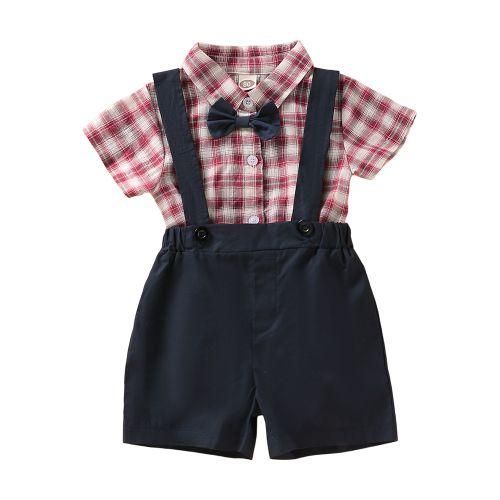 Newborn Baby Boy Set Checks Short Sleeve Shirt Suspender Shorts 2PCS Outfit