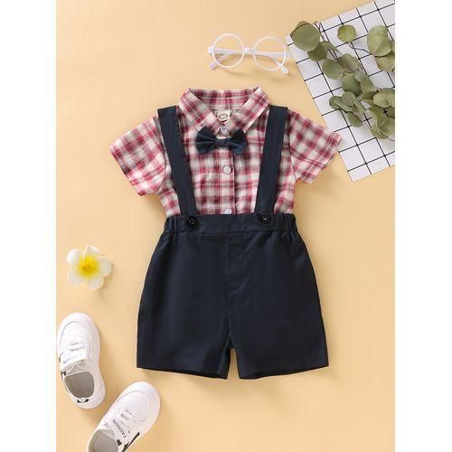 Newborn Baby Boy Set Checks Short Sleeve Shirt Suspender Shorts 2PCS Outfit
